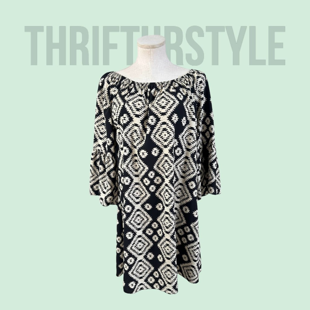 R Rouge Women's LARGE sheath dress, bell sleeves, Midi dress, black & White Boho